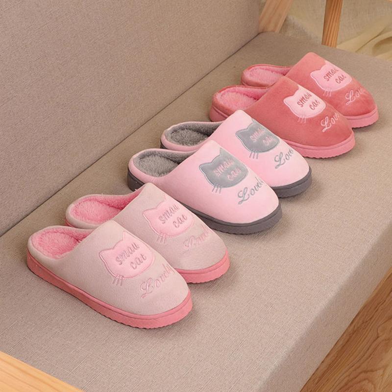 Women Slippers Pink Cute Cat Thick Fleece Warm Home Indoor Couples Plus Size Cotton Shoes Men Blue Slippers Non Slip