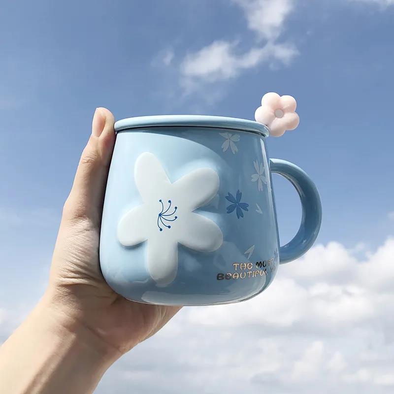 Net Celebrity Ins Cherry Blossom Ceramic Mug with Lid and Spoon Female Student High-value Korean Version of Cute Drinking Cup Home