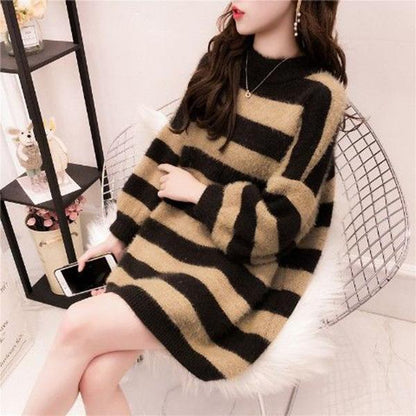 Autumn and Winter Imitation Mink Thick Sweater Striped Pullover Sweater Women Fashion Casual Jacket