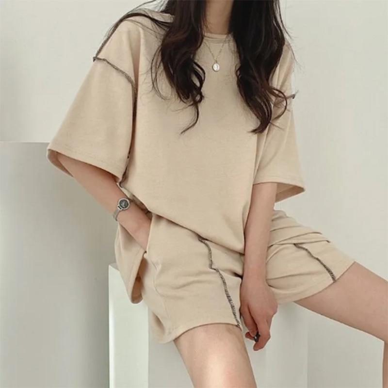 Pure Cotton Solid Color Casual Sportswear Suit Women's Summer Large Size Loose Fashion Women's Short-sleeved T-shirt Shorts Loose Two-piece Set