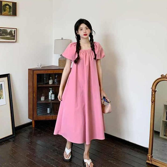 Female Vintage High Waist Super Fairy Holiday Dress Elegant Slim Solid Color Pleated Party Dress