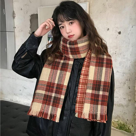 Winter Imitation Cashmere Scarf Korean Fashion Plaid Scarf Female Double-sided Lengthened Thick Shawl Scarf Christmas