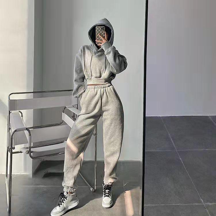 2PCS Tracksuits for Grils Hooded Short Pocket Fleece Sweater Korean Version High Waist Loose Leggings Sweatpants Suit Two-piece Set