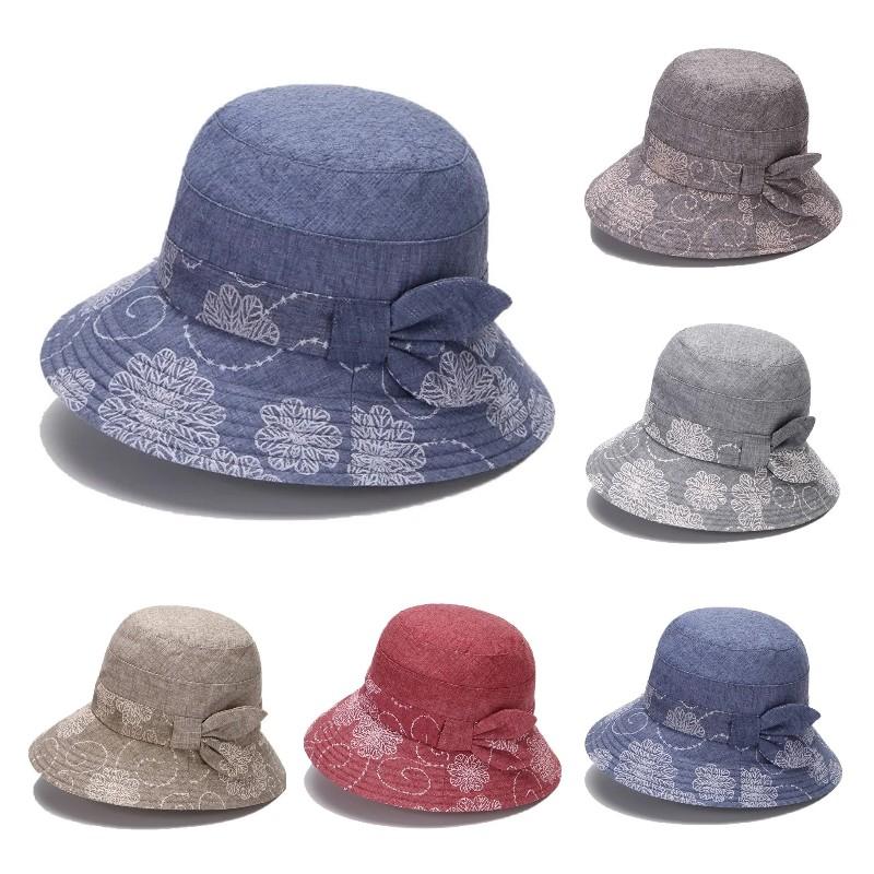 Women's Cotton Bucket Hat Rose Flower Bow Sunscreen Sun Hat Spring Adjustable Hat Breathable Vintage Fisherman Hat Basin Hat