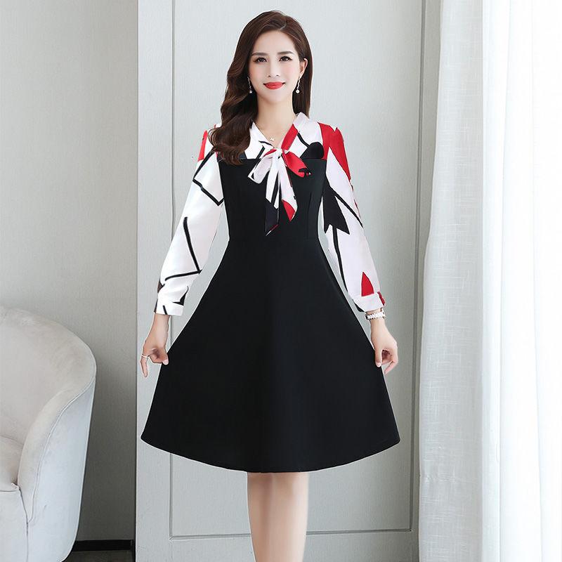 Women Spring Vintage High Waist Long Sleeve Holiday Dress Elegant Slim Print V-neck Casual Dress