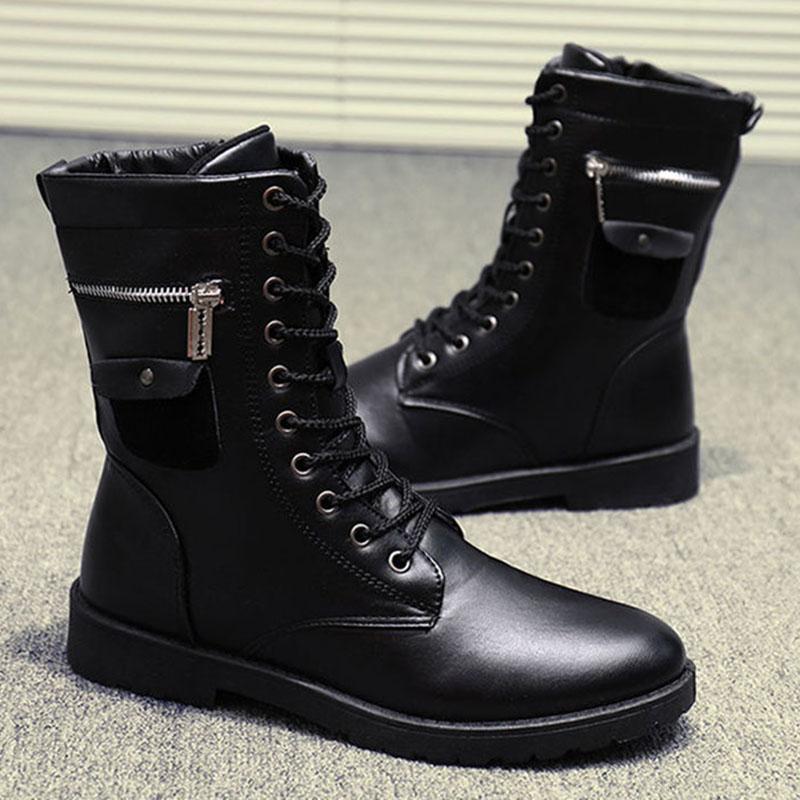 Autumn and Winter Martin Boots Men Plus Velvet Outdoor High-top Black Pu Leather Boots Vintage Work Boots