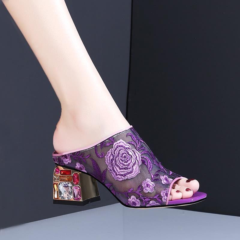 Slippers, Women's Summer Ethnic Style, Fashion Rhinestone Thick-heeled Large Size Sandals and Slippers, Mid-heel Embroidered Shoes