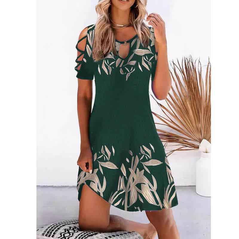 Ladies Floral Print Dress Summer Sexy Cutout Short Sleeve O Neck Vintage Elegant Party Dress