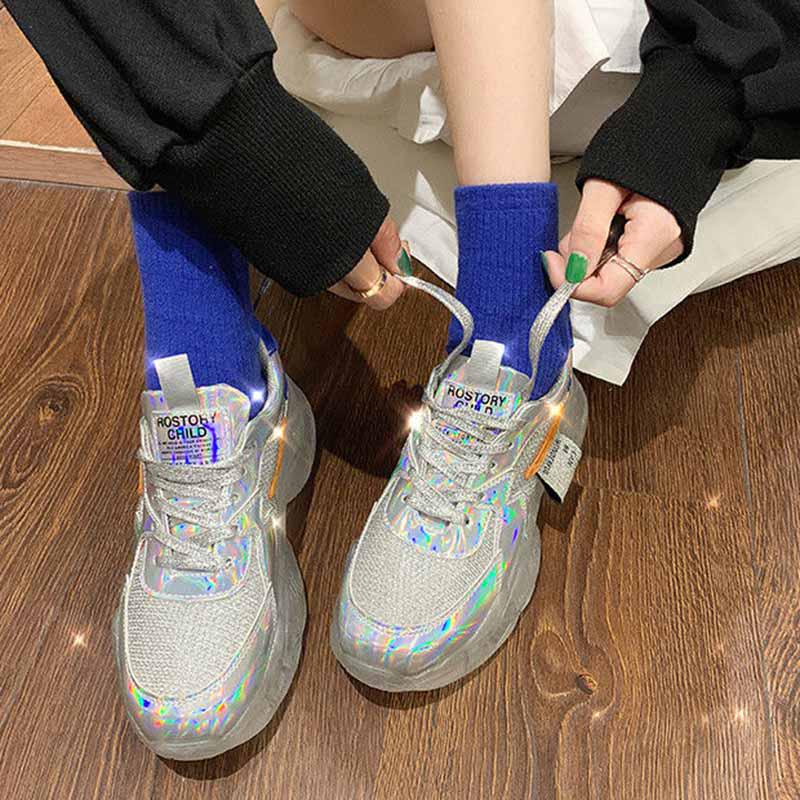 Plus Size 35-40 Summer Women Leather Sneakers Students Breathable Running Basketball Shoes Shockproof Non-slip Laser Colorful Heighten Shoes