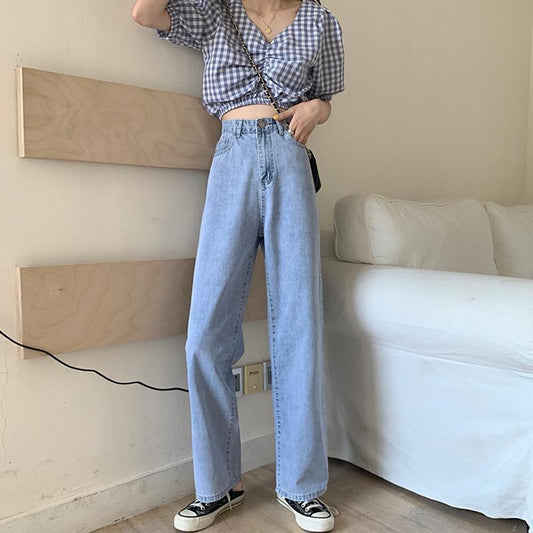 Woman Jeans High Waist Clothes Wide Leg Denim Clothing Blue Streetwear Vintage Quality Straight Pants