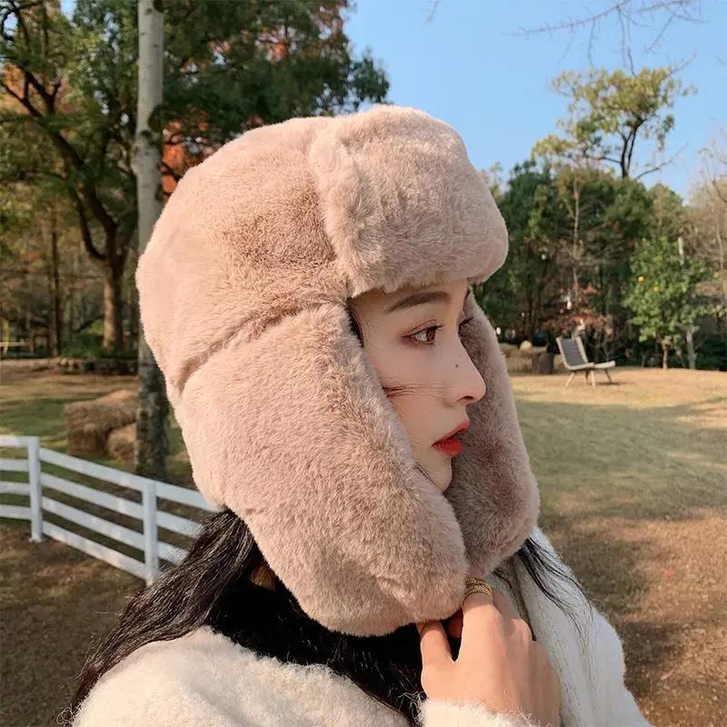 Women's Hat Winter Korean Version Plus Velvet Cold Proof Hat Winter Cycling Ear Protection Thick Windproof Warm Cute Hat Solid Long Ear Cap Fedoras