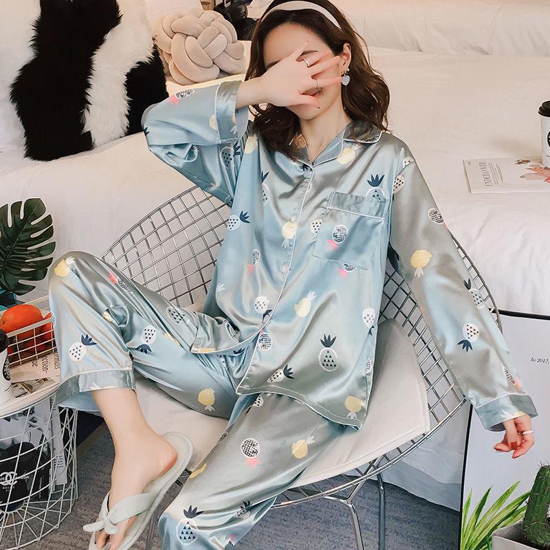 Spring and Autumn Ice Silk Long-sleeved Thin Women's Pajamas Sexy Korean Style Cute Spring and Summer Plus Size Two-piece Suit