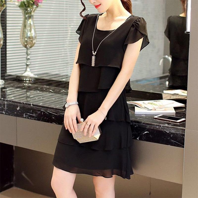 Mid-length Chiffon Dress Women's Short-sleeved Loose and Slim Belly-covering Plus Size Skirt