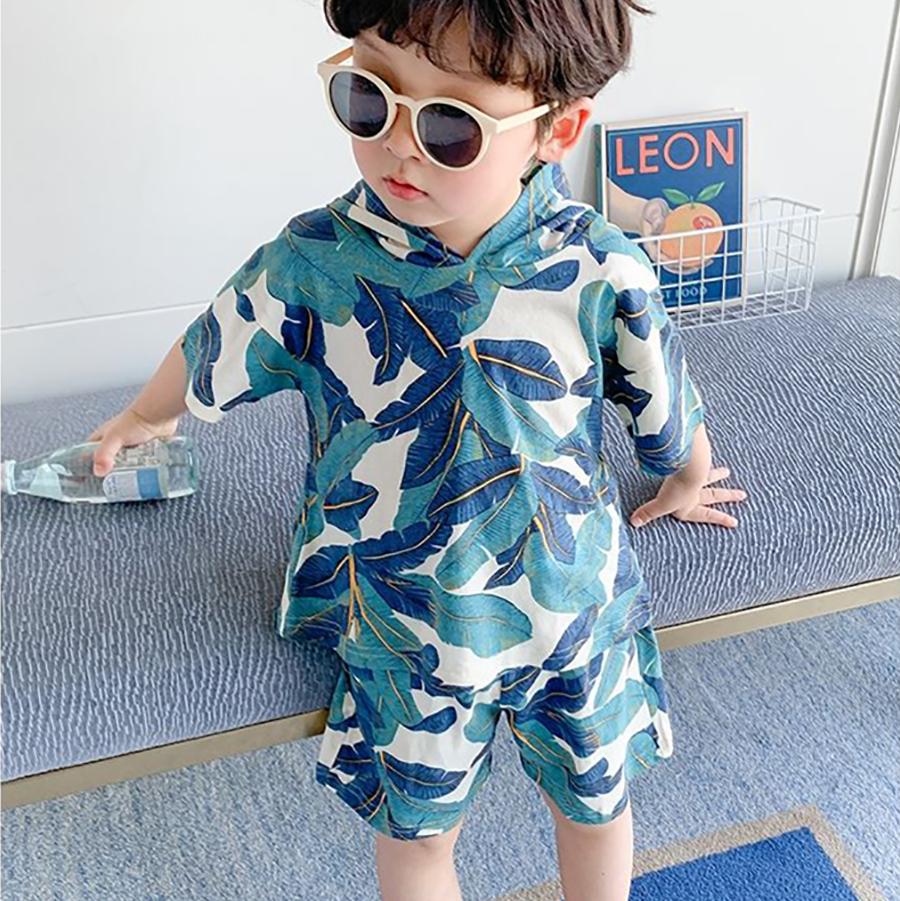 Children's Suit Summer Thin Korean Style Loose Print Leaf Girls and Boys Suspender Shorts Ventilation Two Piece Set