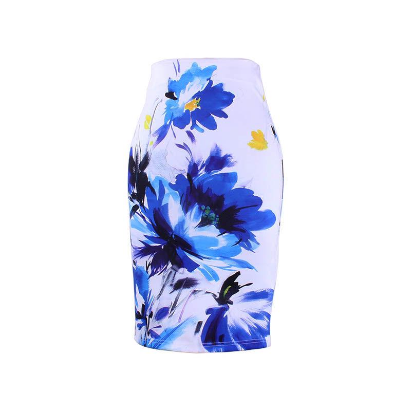 Female Vintage Floral Print Holiday Skirt High-waist Bag Hip Slim Knee-length Elegant Casual Skirt