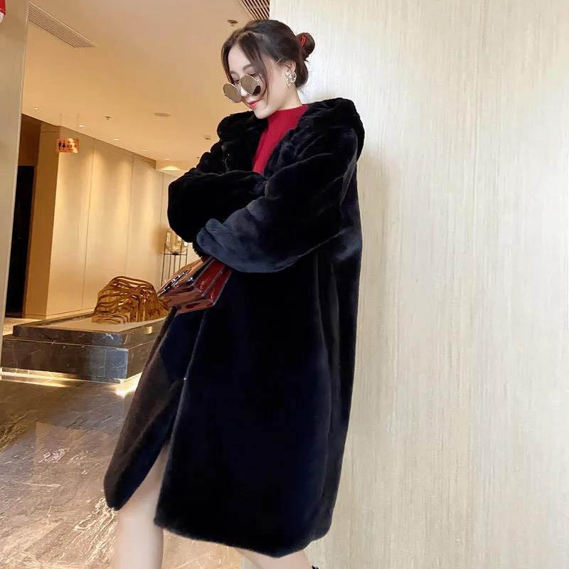 WTEMPO Winter Imitation Mink Thick Fur Fur Loose Coat Mid-length Hooded Women