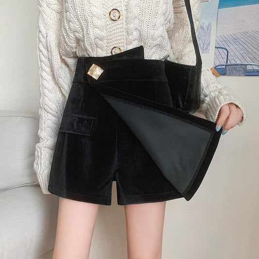 Autumn and Winter Gold Velvet Skirt Loose Wild Trend Wide-leg Ins Harajuku Style Short Fashion Trend Black Culottes