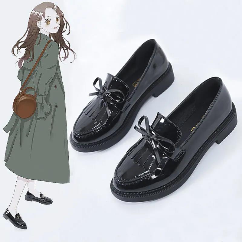 British Style Single Shoes Female Round Flat Small Leather Shoes Tassel Bow Loafers Leather Shoes Spring and Autumn