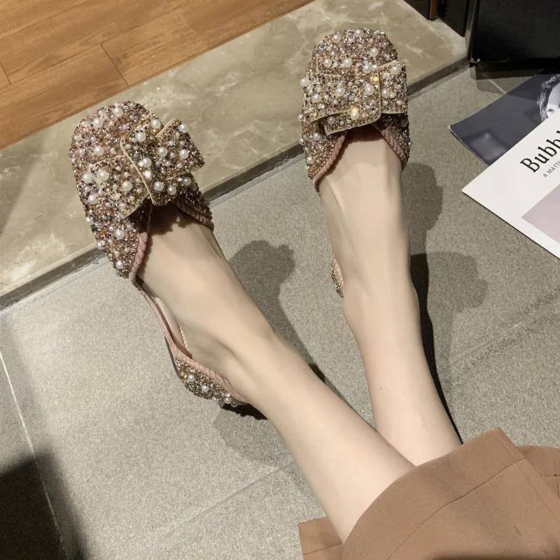 Single Shoes Women Spring and Summer Korean Version of Square Toe Flat Pearl Rhinestone Grandma Shoes Soft Sole