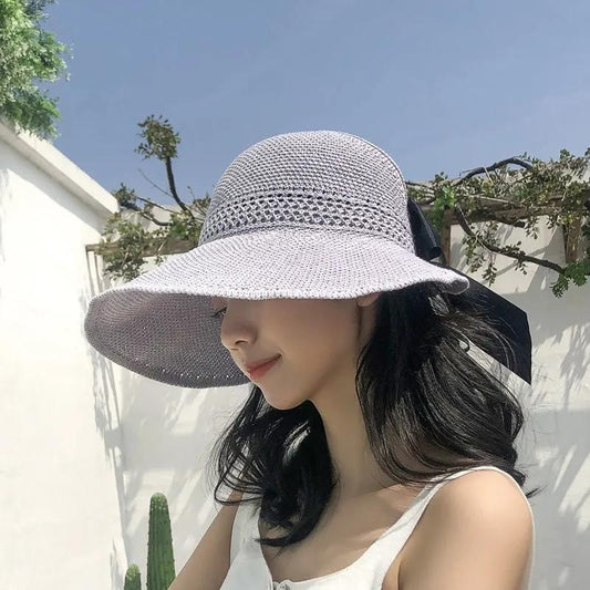 Women's Hollow Out Bow Sun Hat Empty Top Hat Foldable Sun Cap Big Brim Sun Protective Hat Summer Cool Hat All-match