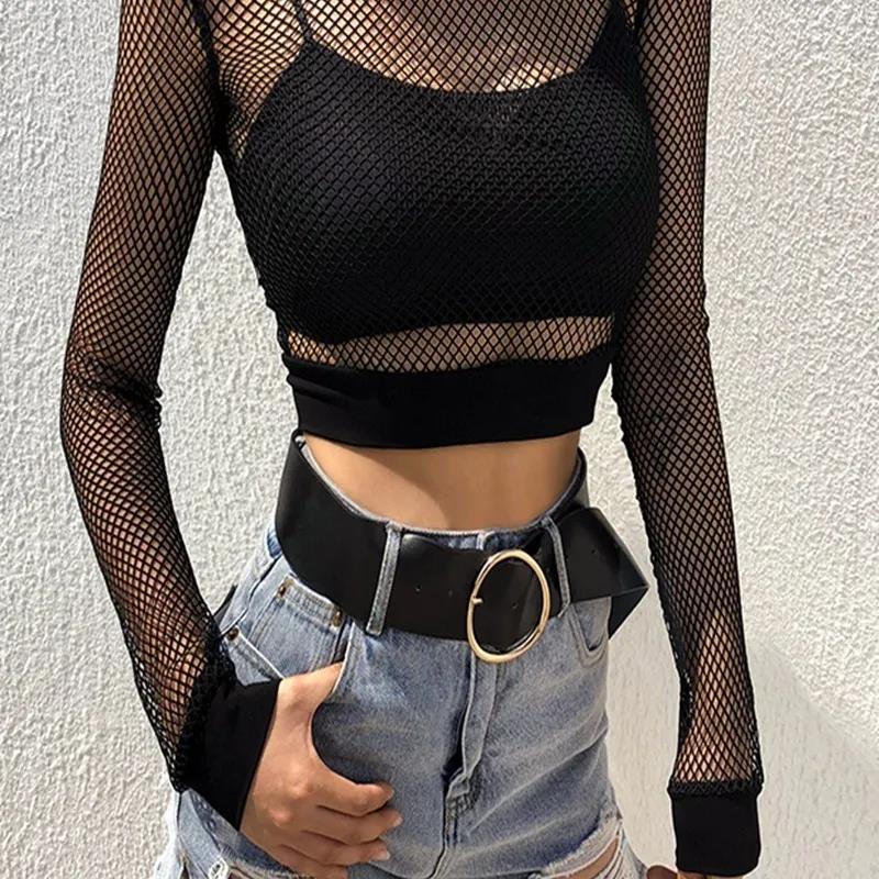 Sexy Women T Shirt See Through Transparent Mesh Tops Long Sleeve Sheer Slim Ladies Pullover