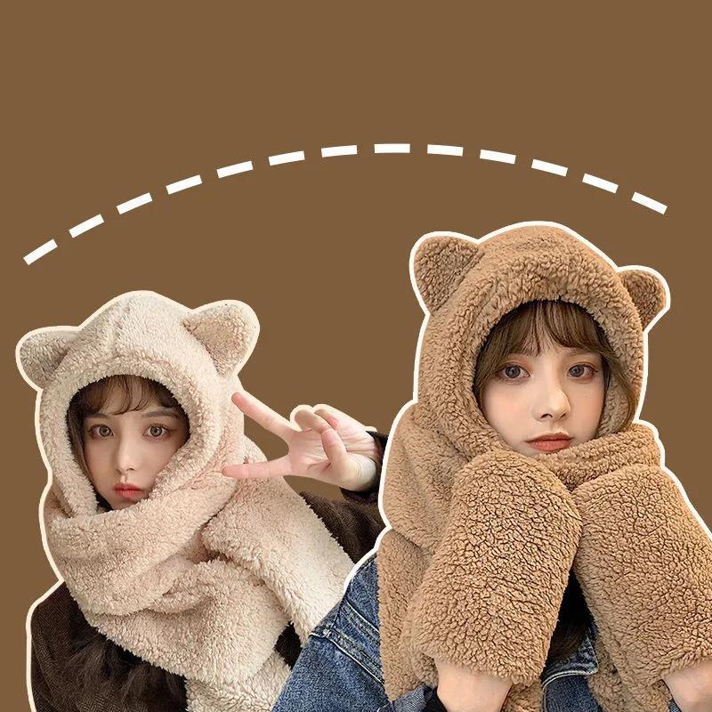 Winter Warm Scarf Women Girl Bear Ear Cut Hooded Hats Pockets Goloves Scarves All In One Cashmere Soft Shawls Female Fur Warm Winter Scarf