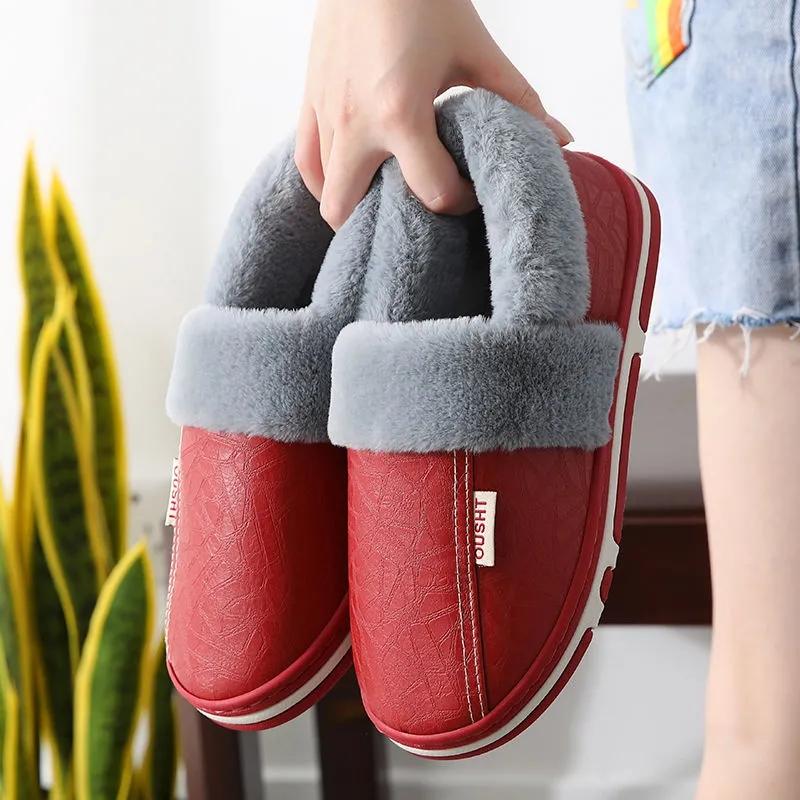 Bag Heel PU Leather Waterproof Winter Cotton Slippers Women's Indoor Household Non-slip Home Warm Cotton Shoes