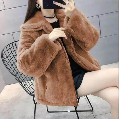 WTEMPO Winter Fur Coat Female Imitation Rabbit Fur Short Loose Plush Thickening Fashion Coat