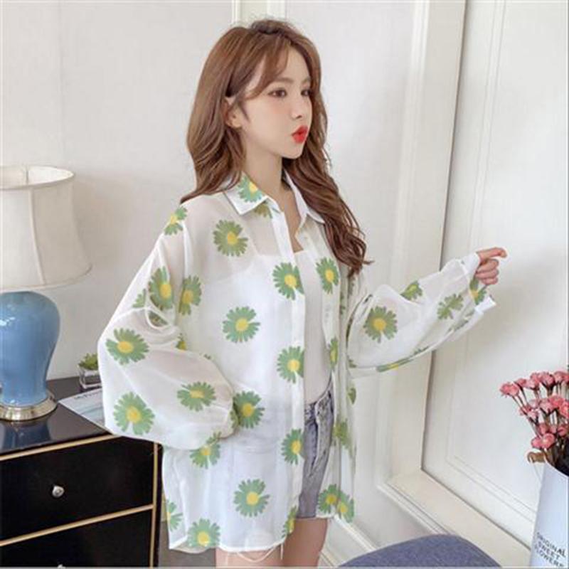 Ladies Shawl Mid-length Thin Coat Chiffon Sunscreen Clothing Female Long-sleeved Loose Daisy Mid-length Sun Protection Shirt Breathable Coat