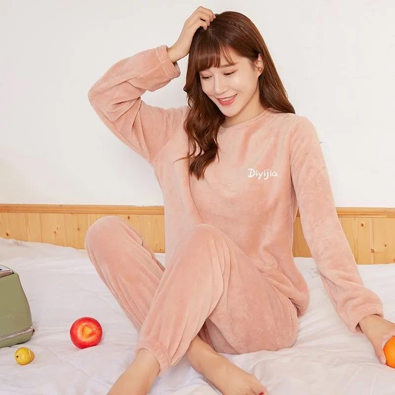 Women's Autumn and Winter Warm Pajamas Set Thickened Coral Velvet Home 2 Pieces Set Solid Color Versatile Loose Casual Long Pants Set