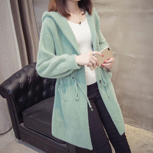 Autumn and Winter Knitted Cardigan Coat Korean Style Hooded Loose Sweater Mid-length Popular Coat Women