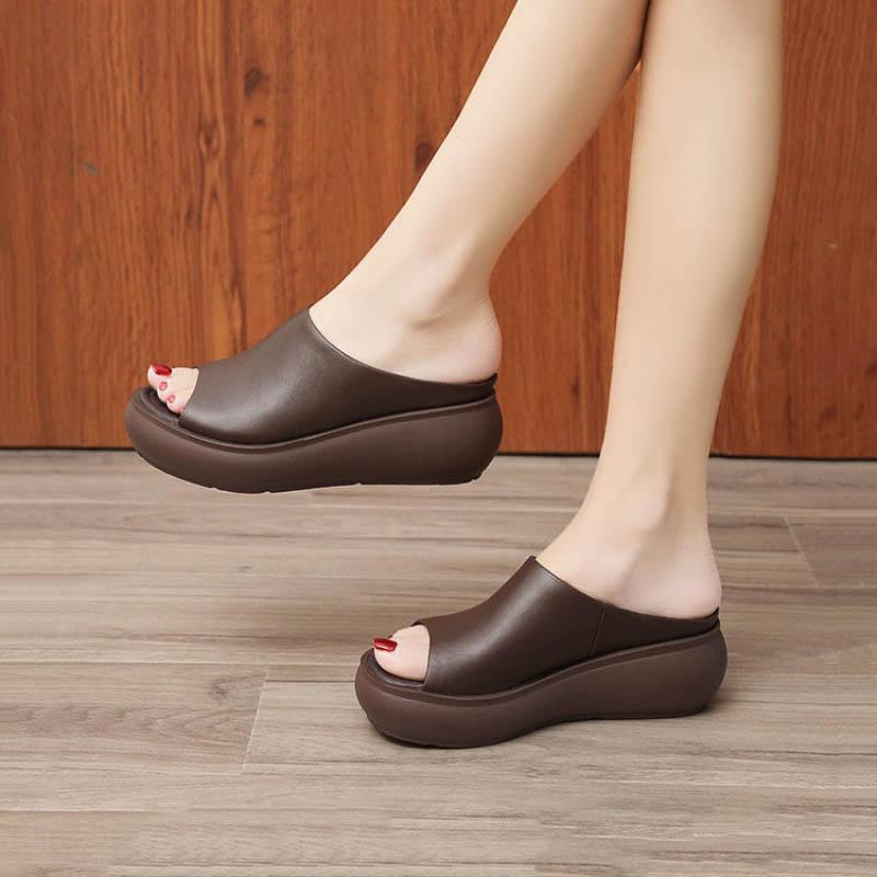 Women Sandals Platform Wedge PU Leather Mules Open Toe Slides Shoes Summer High Heels Sandals