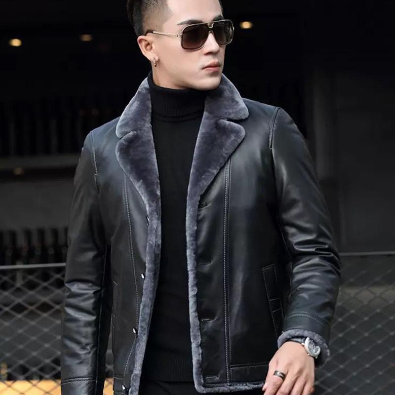 Leather Lapel Men's Leather Winter Motorcycle Jacket Top Layer Leather Short Fashion Slim Youth Leather Jacket