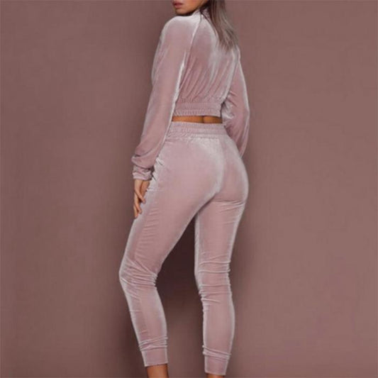 WTEMPO Velvet Women's Casual Sports Suit Solid Color Sweater Zipper Navel Two-piece Suit