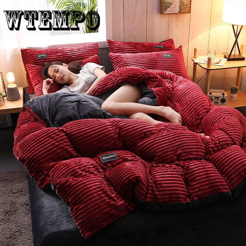 Wtempo Fleece Warm Winter Bedding Bed Duvet Cover Set Flannel Fleece Flat Sheet 4pcs Home Bedclothes