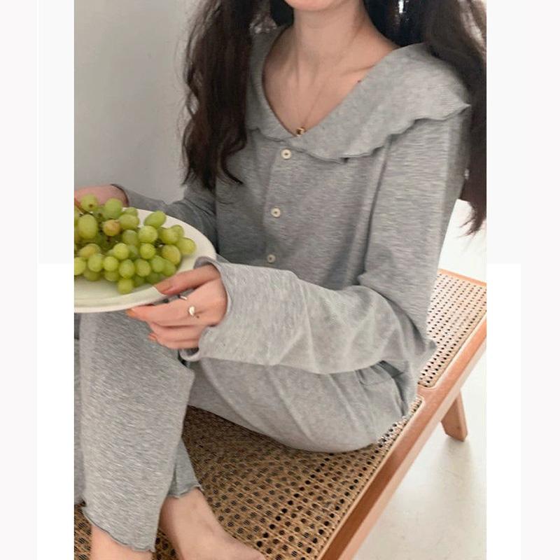 Women's Spring Autumn Long-sleeved Pajamas Set Loose Simple Lotus Leaf Collar Buttons Casual Thin Homewear Two-piece Set Solid Sleeping Suit