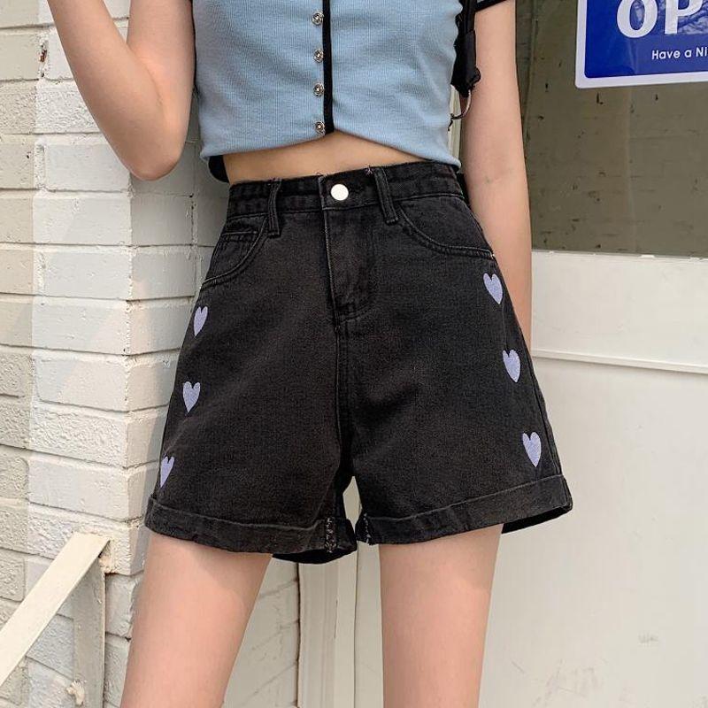 WTEMPO Women Denim Shorts Jeans Heart-shaped Embroidery Washed Denim Summer High Waist Casual Shorts