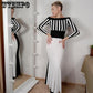 Slash Neck Dress Striped Women Long Sleeve Slim Evening Gowns Lady Cocktail Party Vestidos