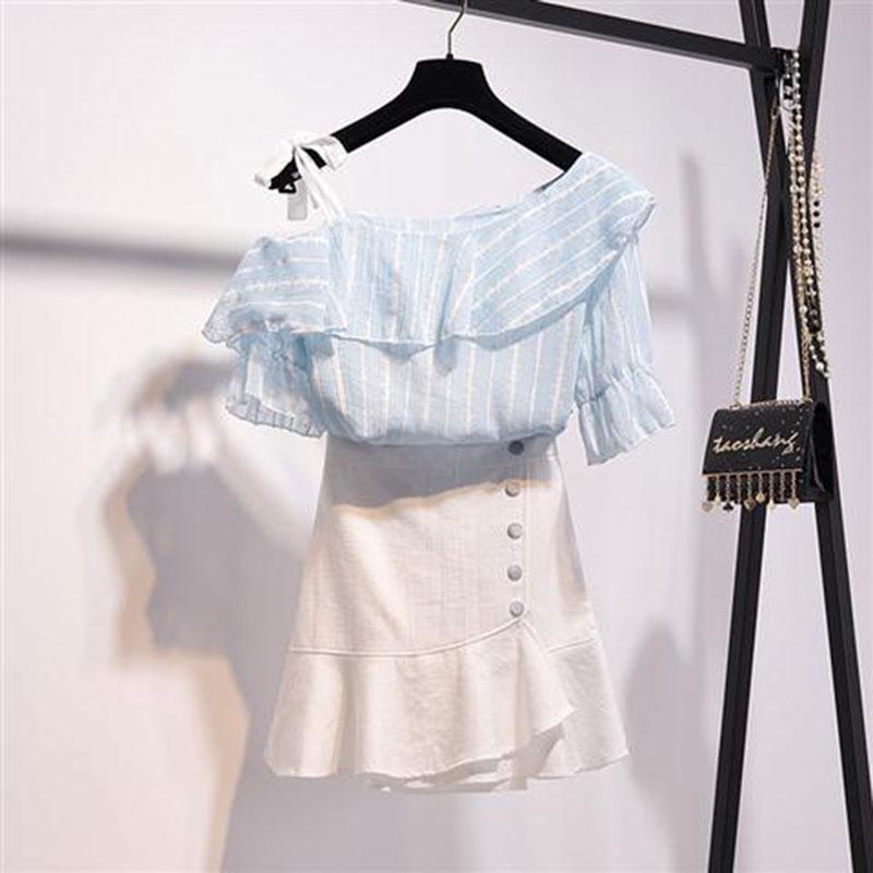 Women's Summer Elegant 2piece Set Skirt Set Slash Neck Off-shoulder Blouse +short Mermaid Skirt Two-piece Set