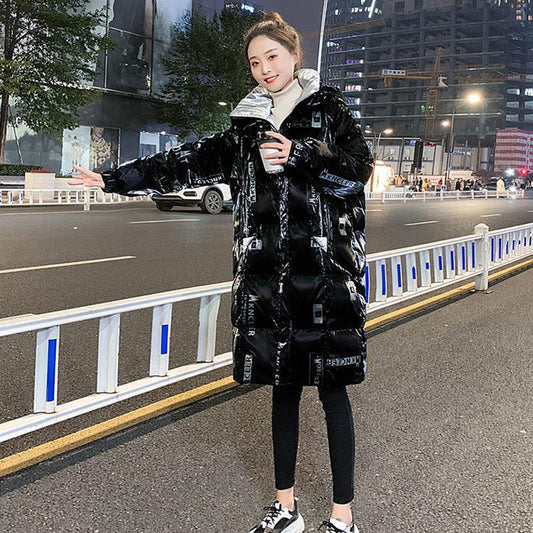 Women's Down Padded Jacket Bright Face Wash-free Loose Loose Mid-length Women's Thick Padded Jacket Jacket Stand Collar Hooded Loose Padded Jacket