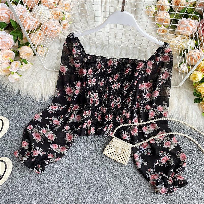 Retro Sexy Waist Top Floral Square Neck Chiffon Shirt Long Sleeve Temperament High Waist Short One-word Collar Off-Shoulder T-Shirt