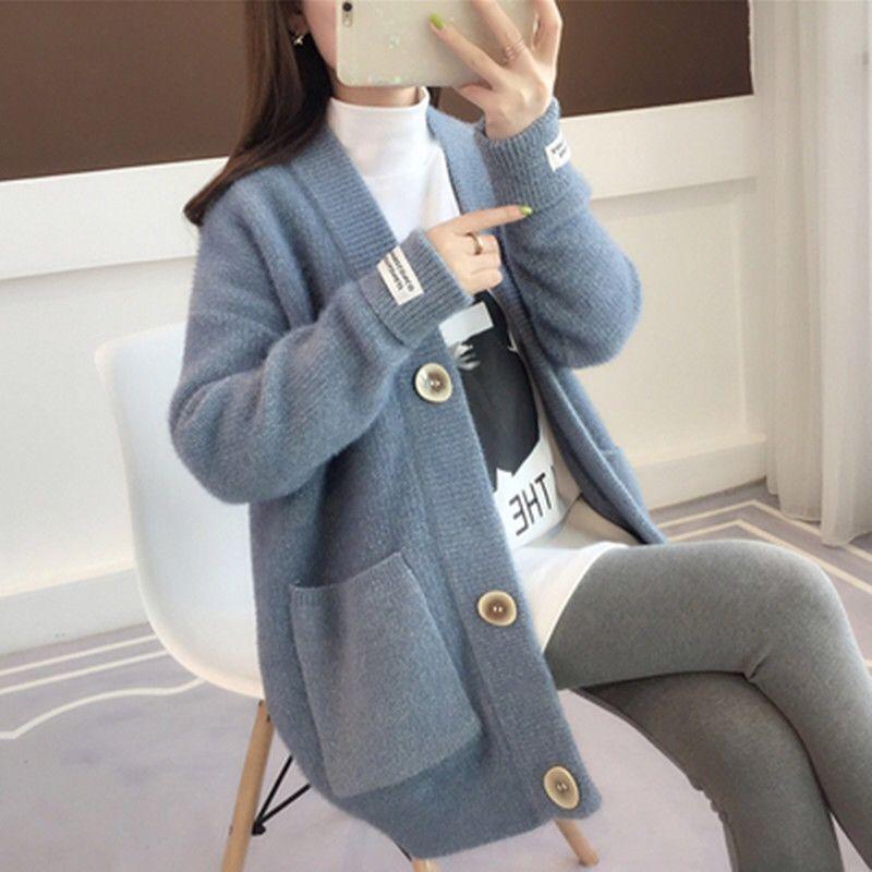 Cardigan Women's Solid Color Oversized Loose Sweater Sweet and Cute Knitted All-match Soft V-neck Long Sleeve Warm Jacket