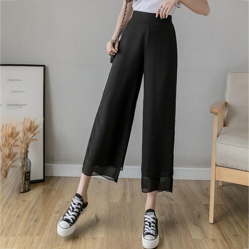 WTEMPO Solid Color Chiffon Wide-leg Pants Women Ruffle Loose High Waist Ankle-Length Pants Trousers Cool and Breathable