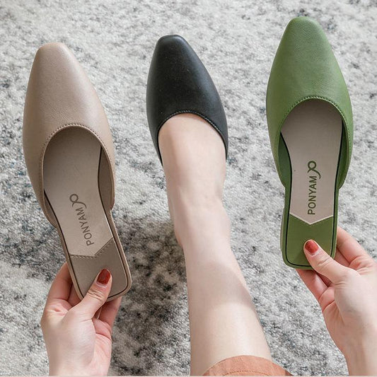 Baotou Half Slippers Female Summer Wear Flat Bottom Low Heel One-foot Lazy Sandals and Slippers Female Retro Pointed Toe Shoes