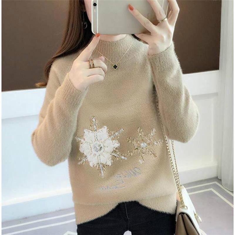 Long-sleeved Large Size Sweater Fashion Trend Round Neck Sweater Cashmere Warm Sweater Winter Ladies