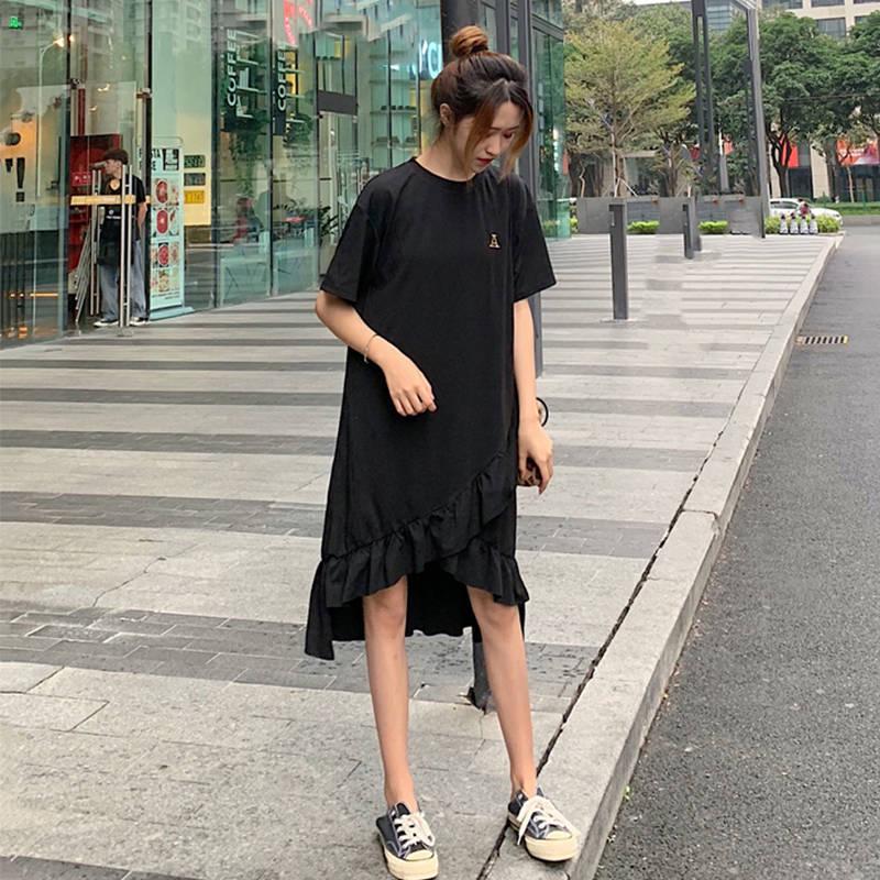 Loose Short-sleeve T-shirt  Calf-length Ruffles Dress Holiday Beach Asymmetrical Dress