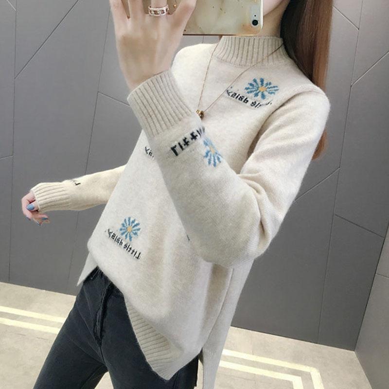 Autumn and Winter Half High Neck Pullover Sweater Loose Jacquard Simple Bottoming Shirt Thick Knitted Women Sweater