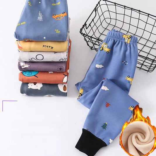 Children's Warm Long Trousers Plus Velvet Thickening for Boys and Girls In Autumn and Winter Milk Silk Warm Pants Baby Pajamas Home