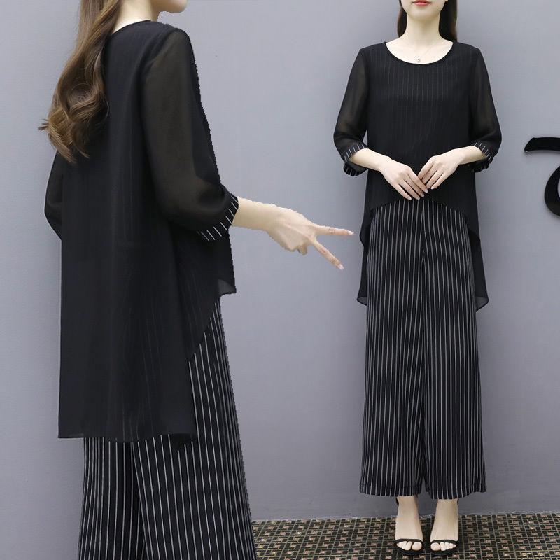 Loose Large Size Suit Covering Belly Slimming Two-piece Round Neck Shirt Loose Casual Wide-leg Pants Women Loose Slimming Chiffon Suit