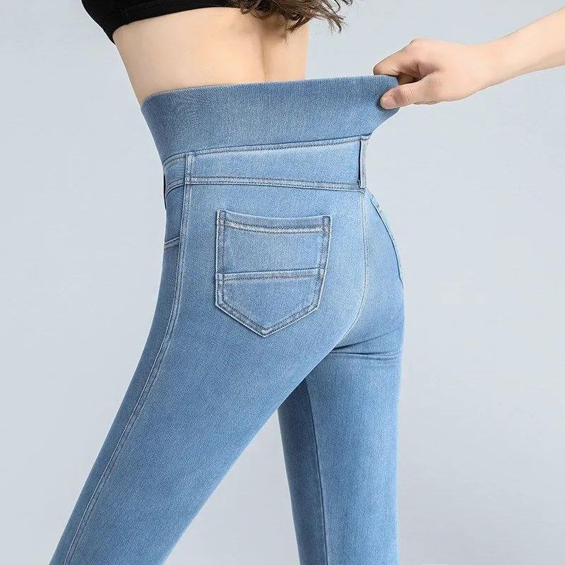 Women's Elastic Waist High Waist Jeans Spring and Autumn Thin Stretch Abdominal Pants Ladies Leggings Large Size Skinny Pants Pencil Jeans